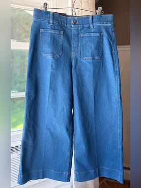 Spanx Cropped Wide-Leg Washed Blue Denim Jeans Casual Comfy Stretch Sz Large NWT